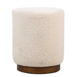 Poefen-Nordlys Poef met witte krullen en houten basis