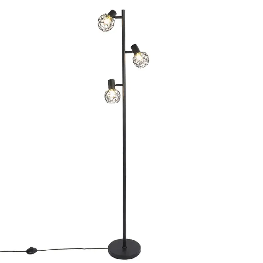 Staande Lampen-QAZQA Design vloerlamp zwart 3-lichts verstelbaar - Mesh - Zwart