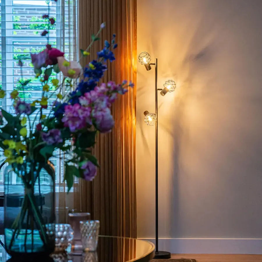 Staande Lampen-QAZQA Design vloerlamp zwart 3-lichts verstelbaar - Mesh - Zwart