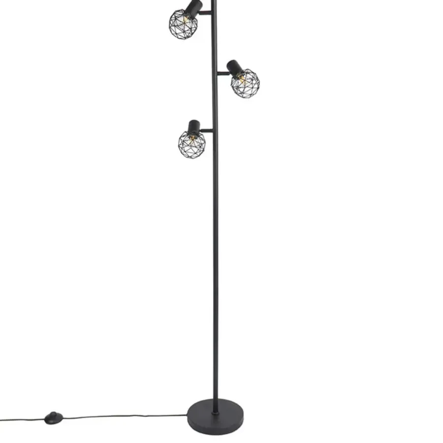 Staande Lampen-QAZQA Design vloerlamp zwart 3-lichts verstelbaar - Mesh - Zwart