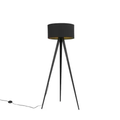 Staande Lampen-QAZQA Vloerlamp met kap zwart en gouden binnenkant - Tripe
