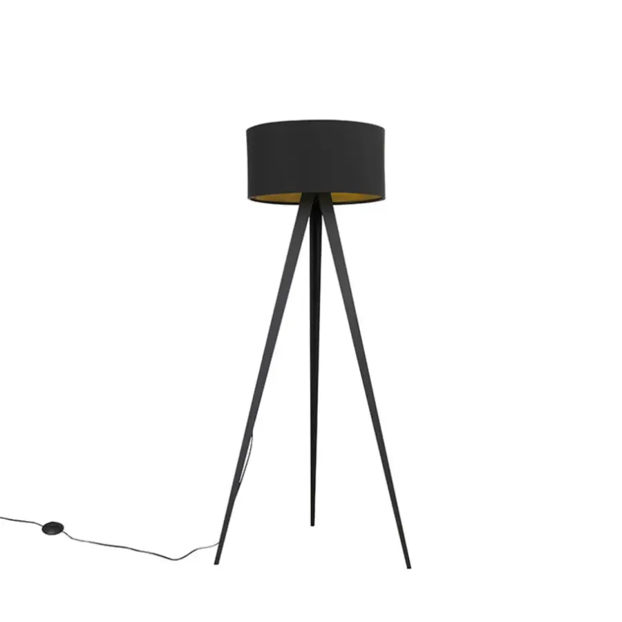 Staande Lampen-QAZQA Vloerlamp met kap zwart en gouden binnenkant - Tripe