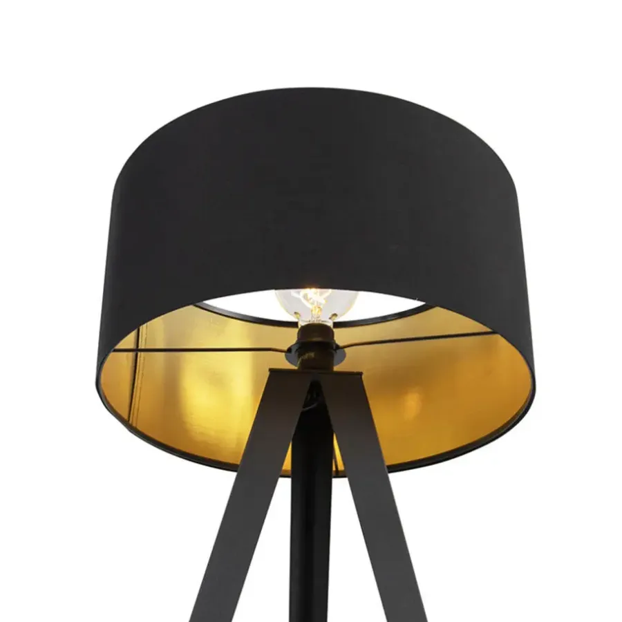 Staande Lampen-QAZQA Vloerlamp met kap zwart en gouden binnenkant - Tripe