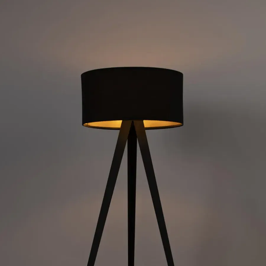 Staande Lampen-QAZQA Vloerlamp met kap zwart en gouden binnenkant - Tripe
