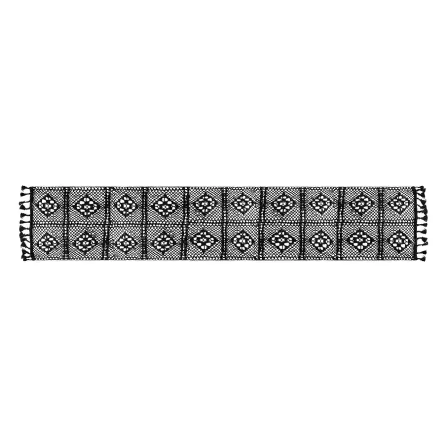 Tafelkleden-QUVIO Tafelloper gehaakt met fransjes - 300 x 24 cm - Katoen - Zwart