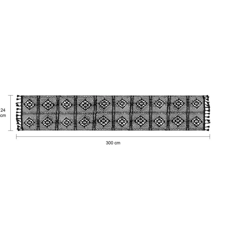 Tafelkleden-QUVIO Tafelloper gehaakt met fransjes - 300 x 24 cm - Katoen - Zwart