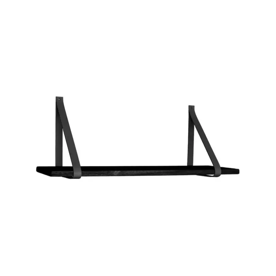 QUVIO Wandplank zwevend met lederen banden – 80x20 cm – Hout - Zwart