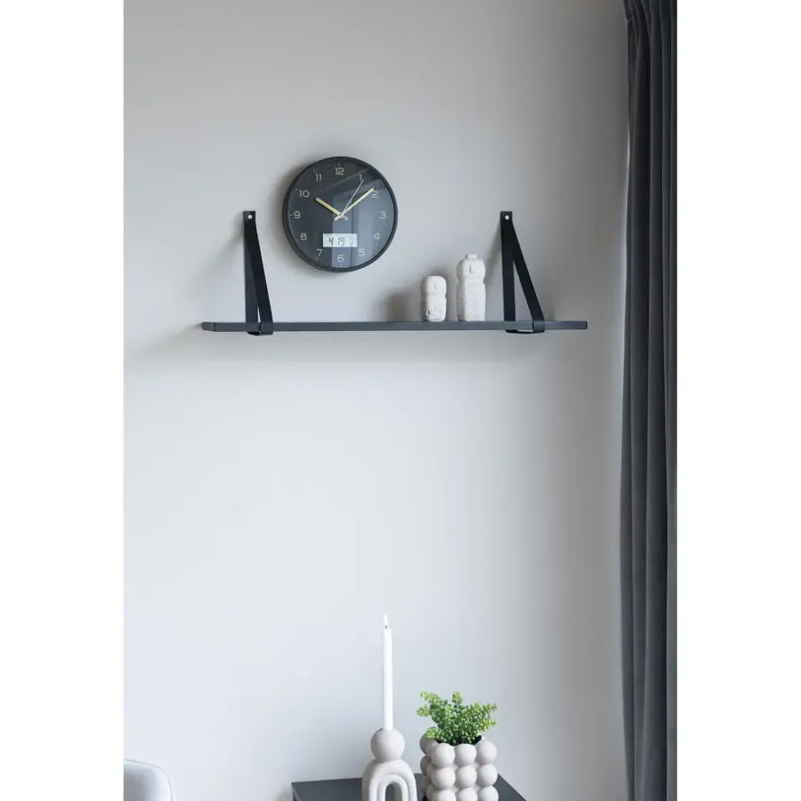 QUVIO Wandplank zwevend met lederen banden – 80x20 cm – Hout - Zwart