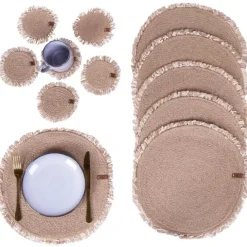 Placemats-Leen Bakker RIBBERY - Set van 12 placemats en onderzetters - Natuurlijk - Jute