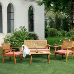 Nordlys Rieten en massief houten tuinset in roze