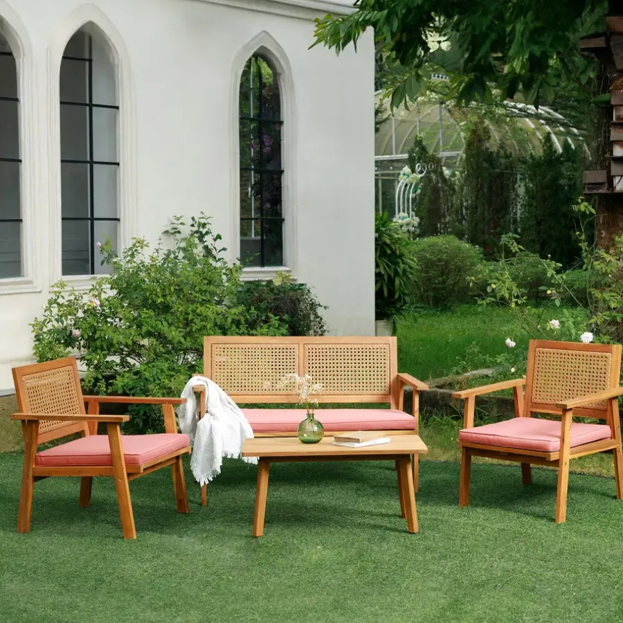 Nordlys Rieten en massief houten tuinset in roze