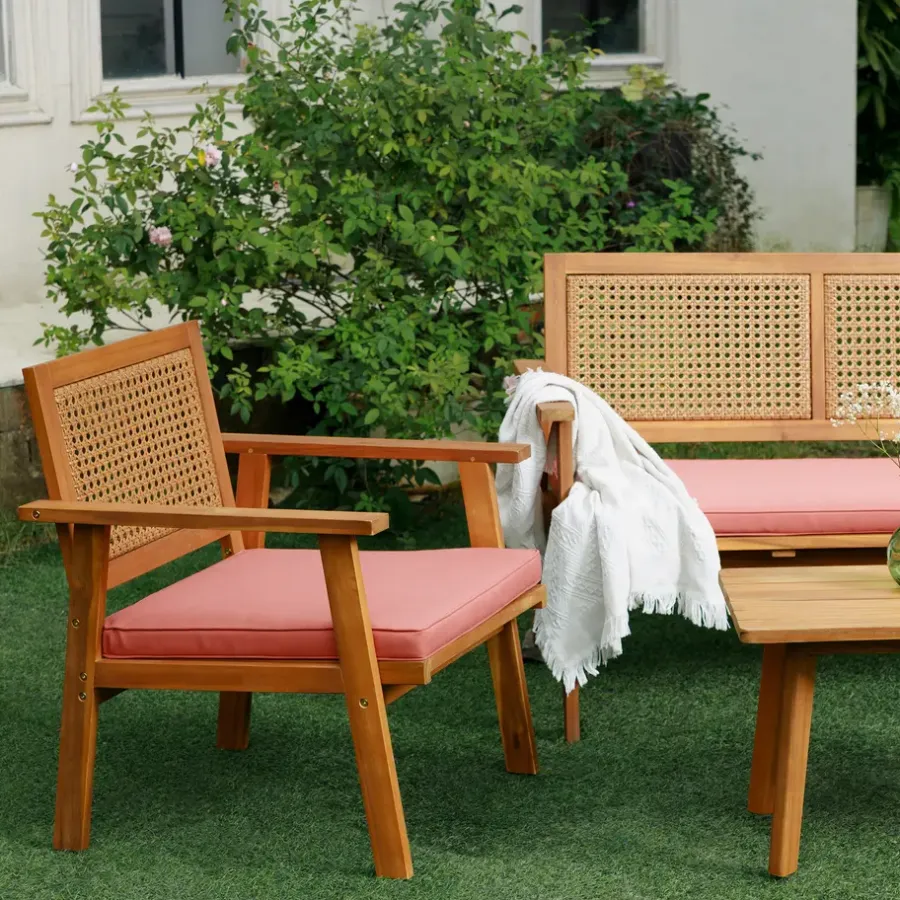 Nordlys Rieten en massief houten tuinset in roze