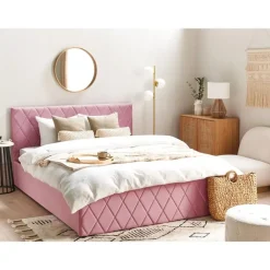 2-Persoons Bedden-Beliani ROCHEFORT - Tweepersoonsbed - Roze - 160 x 200 cm - Fluweel