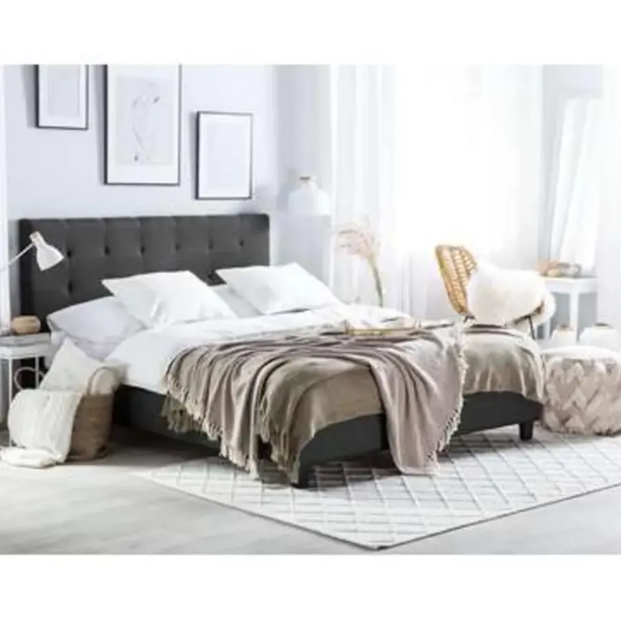 2-Persoons Bedden-Beliani ROCHELLE - Tweepersoonsbed - Donkergrijs - 140 x 200 cm - Polyester