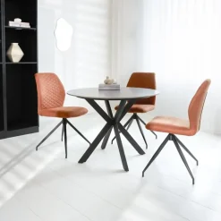 Industriële Eettafels|Ronde Eettafels-Dimehouse Ronde eettafel Yuna Ø150 cm marmerlook grijs - Stoneware - Grijs