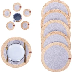 Placemats-Leen Bakker ROSELLA - Set 12 placemats en onderzetters - Grijs/Natuurlijk - Jute