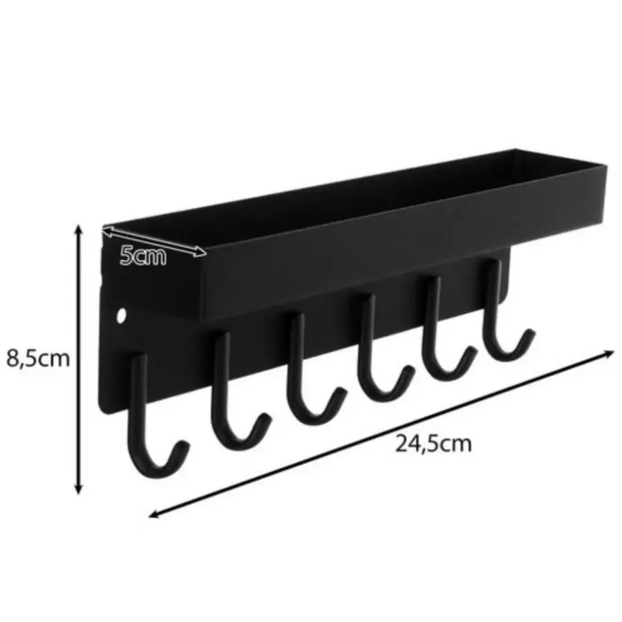 Merkloos Ruhhy Kapstok - zwart - 8 x 24 cm - ijzer - 6 haken - met plank