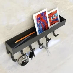 Merkloos Ruhhy Kapstok - zwart - 8 x 24 cm - ijzer - 6 haken - met plank