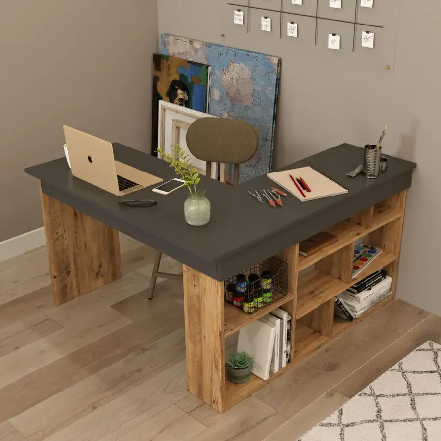 Hoekbureaus-Emob Sally Bureau 18mm MELAMINE Coat Atlantic Pine Zwart