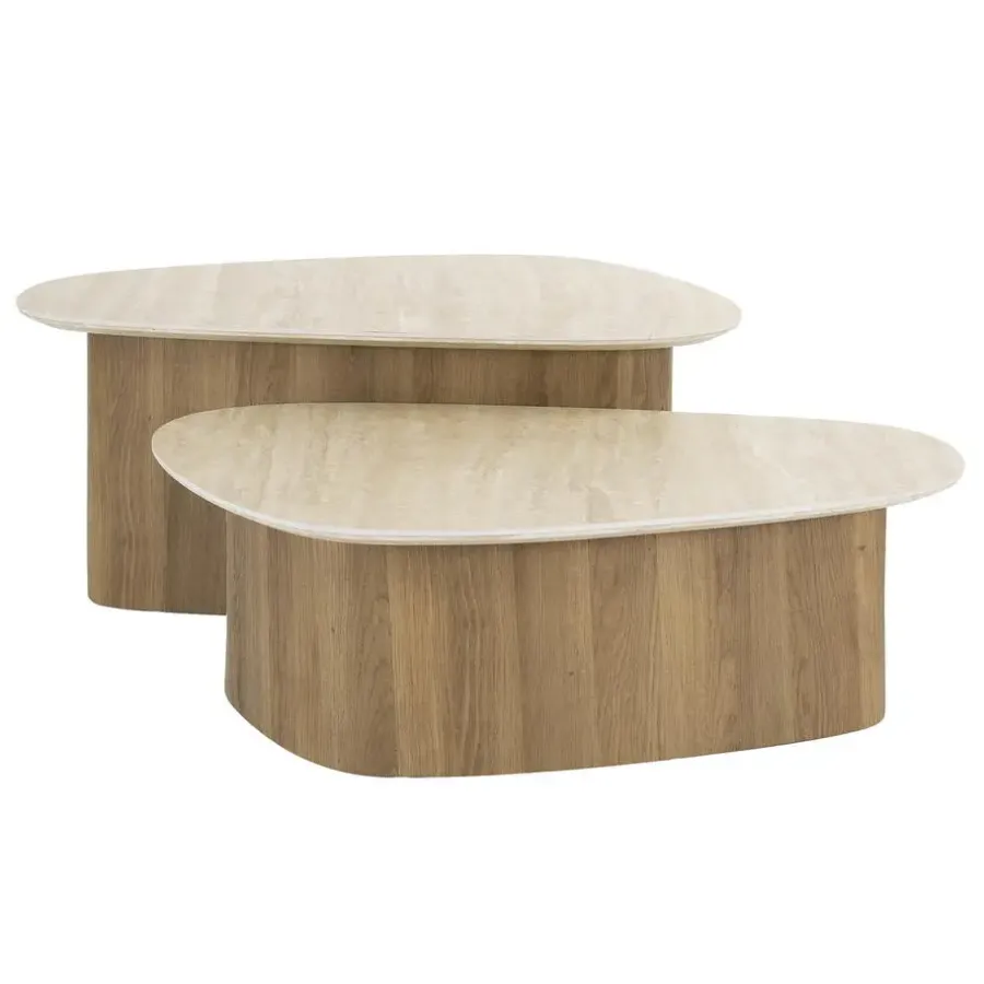Salontafels-Giga Living Salontafel Driehoek Walnoot/Travertin - 90x43x40cm - Set Van 2