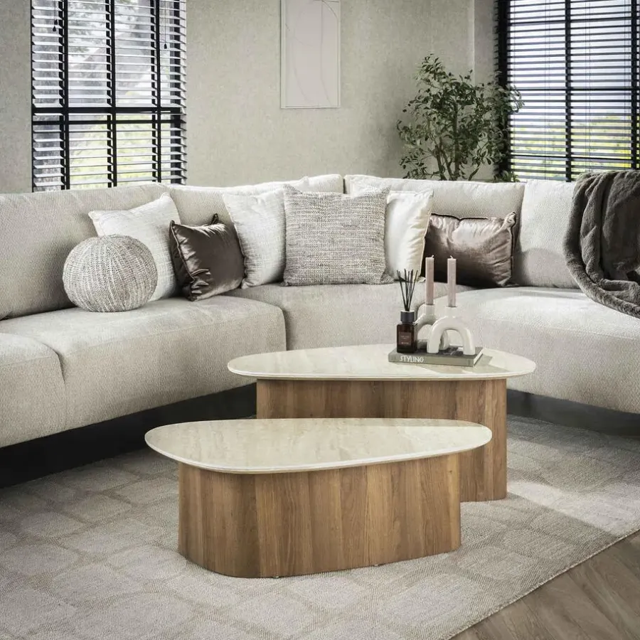 Salontafels-Giga Living Salontafel Driehoek Walnoot/Travertin - 90x43x40cm - Set Van 2