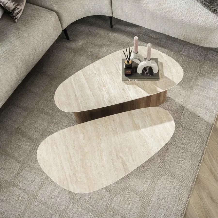 Salontafels-Giga Living Salontafel Driehoek Walnoot/Travertin - 90x43x40cm - Set Van 2