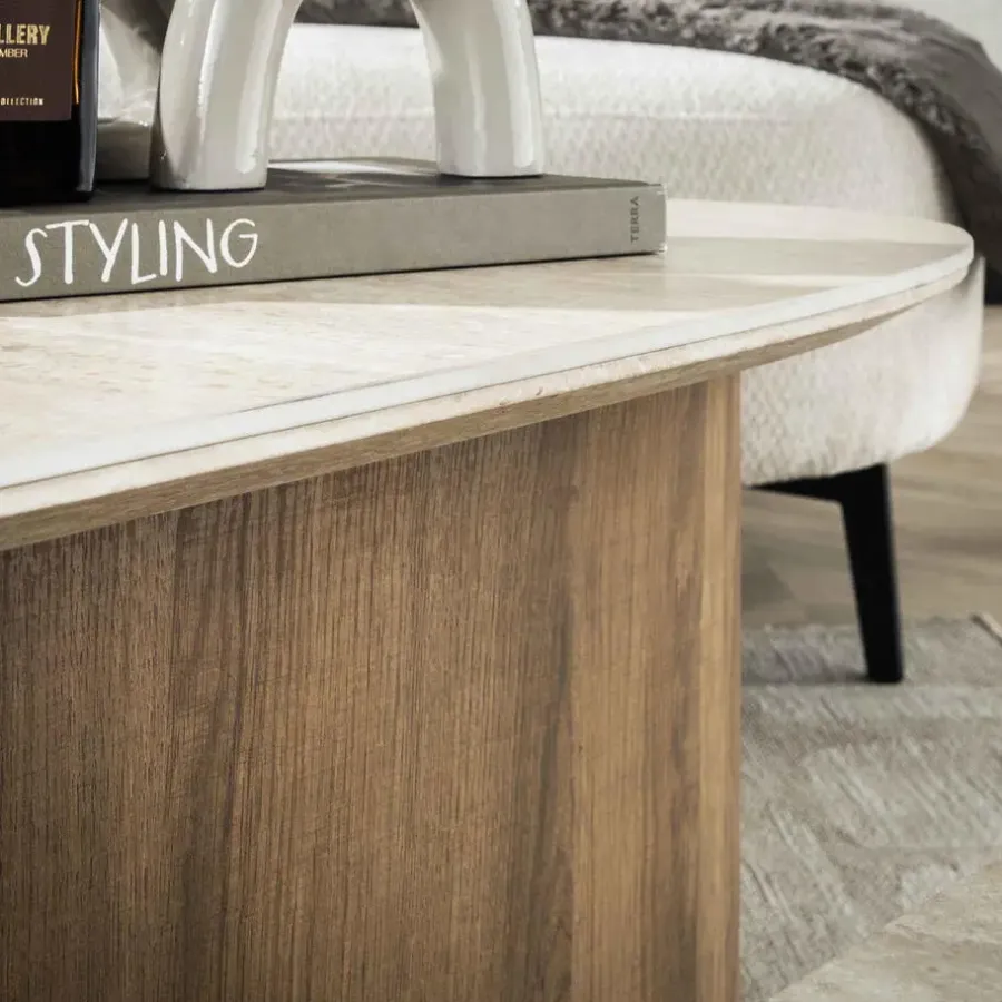 Salontafels-Giga Living Salontafel Driehoek Walnoot/Travertin - 90x43x40cm - Set Van 2