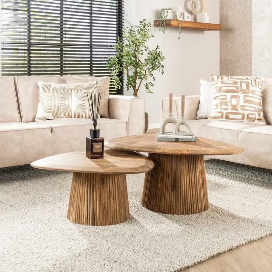 Salontafels-Giga Living Salontafel Naturel Mangohout - Set van 2 - 93x72x43cm - Wave