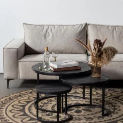 Salontafels-Giga Meubel Salontafel Rond - Mangohout Zwart - Set Van 3 - Tres