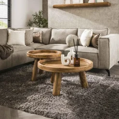 Salontafels-Giga Living Salontafel Rond - Naturel Mangohout - Set Van 2 - Tripod