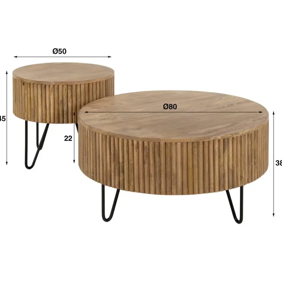 Salontafels-Giga Living Salontafel Rond 80cm - Naturel Mangohout - Set Van 2 - Wave