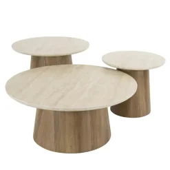 Salontafels-Giga Living Salontafel Rond Walnoot/Travertin - 80x80x35cm - Set Van 3