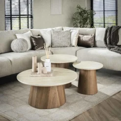 Salontafels-Giga Living Salontafel Rond Walnoot/Travertin - 80x80x35cm - Set Van 3