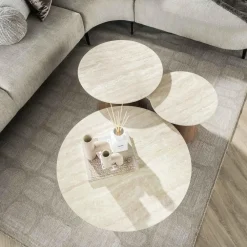 Salontafels-Giga Living Salontafel Rond Walnoot/Travertin - 80x80x35cm - Set Van 3