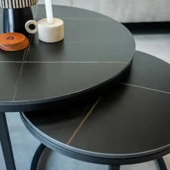 Salontafels-Dimehouse Salontafel set van 2 Trevor marmer zwart rond - 68x68x43 cm - Stoneware - Zwart