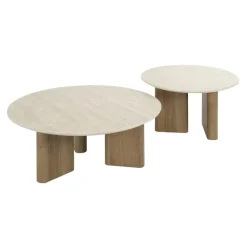 Salontafels-Giga Living Salontafel Walnoot/Travertin - 76x76x30cm - Set Van 2