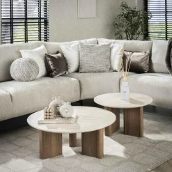 Salontafels-Giga Living Salontafel Walnoot/Travertin - 76x76x30cm - Set Van 2