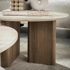 Salontafels-Giga Living Salontafel Walnoot/Travertin - 76x76x30cm - Set Van 2