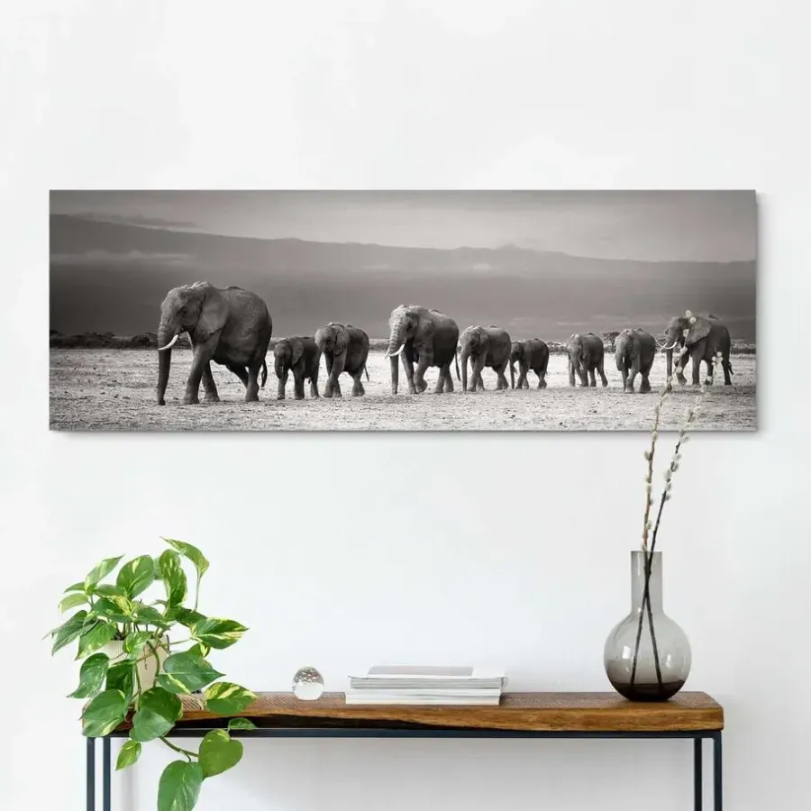 Reinders Schilderij Kudde Olifanten - 40 x 118cm - Zwart-Wit