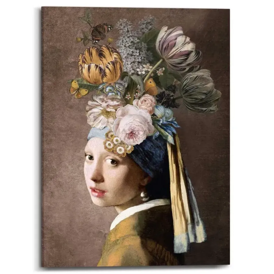 Schilderijen-Reinders Schilderij Vermeer Bloemenmeisje met de Parel - 70 x 50cm - Bont