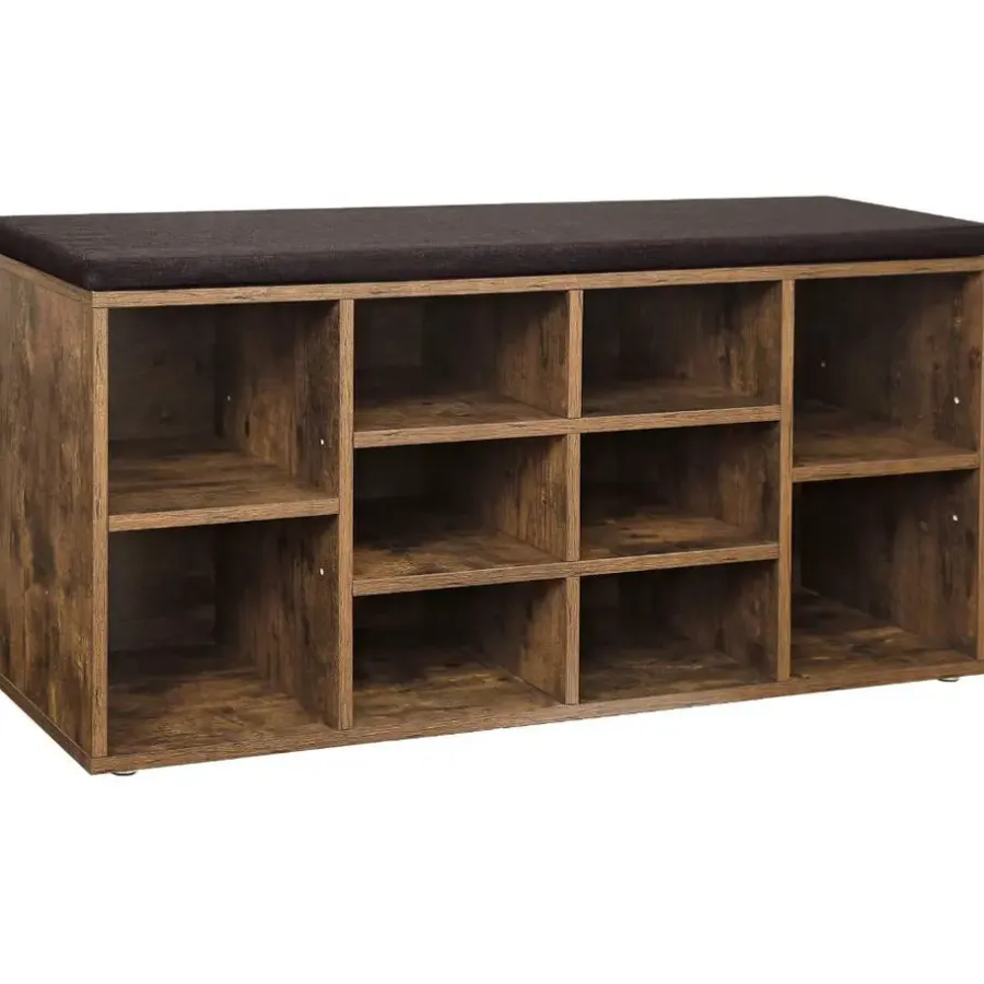 ACAZA Schoenenbank - met kussen - 10 vakken - 104x48x30 cm - vintage bruin
