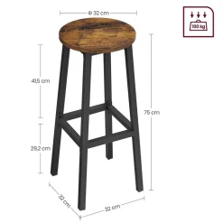 Merkloos Set van 2 Barkrukken - met stabiel stalen frame, hoogte 75 cm -Bruin-zwart
