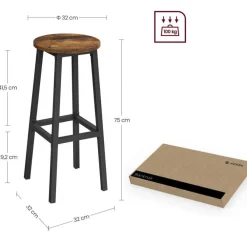Merkloos Set van 2 Barkrukken - met stabiel stalen frame, hoogte 75 cm -Bruin-zwart