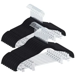 Merkloos Set van 20 fluwelen Kledinghangers met Clips - metalen Haak, zwart