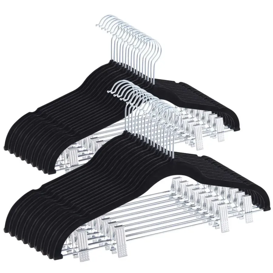 Merkloos Set van 20 fluwelen Kledinghangers met Clips - metalen Haak, zwart