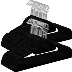 Merkloos Set van 50 kleerhangers - Fluweel - Anti-slip - Kapstokken met Broeklat - Zwart
