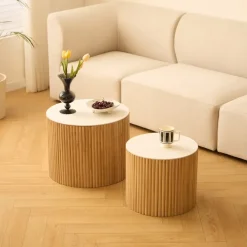 Salontafels-Nordlys Set van 2 ronde salontafels van massief hout met opbergruimte