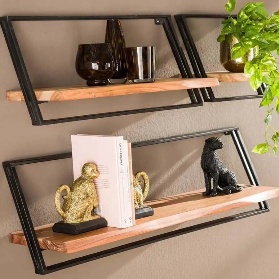 Wandrekken-Leen Bakker Set van 3 wandplanken Siebe-acacia/gepoedercoat metaal