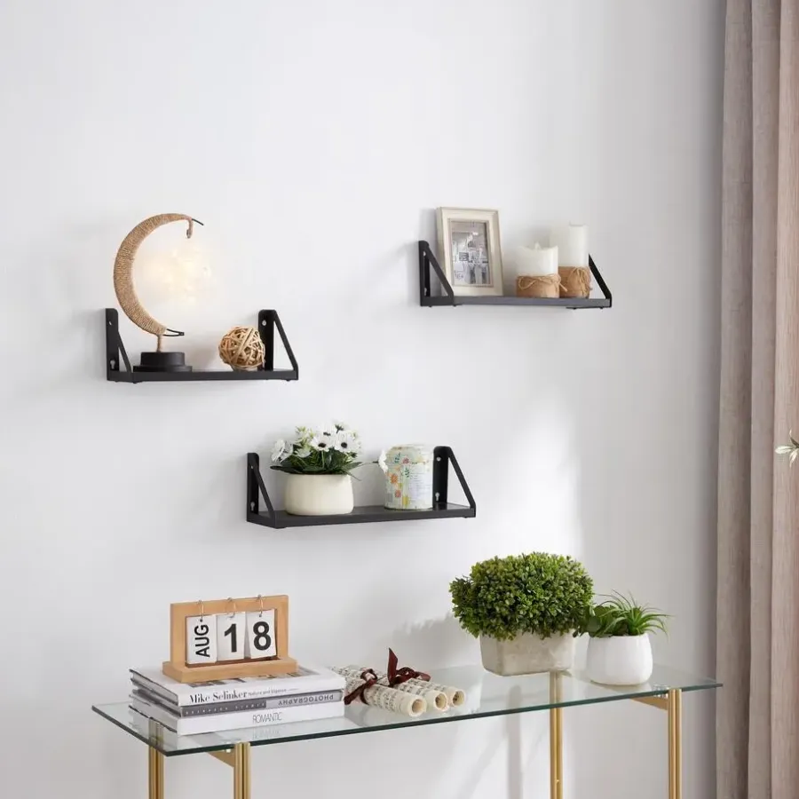 Merkloos Set van 3 Wandplanken, Zwevende Boeken Planken, 30, 35 en 40 cm lang, Zwart
