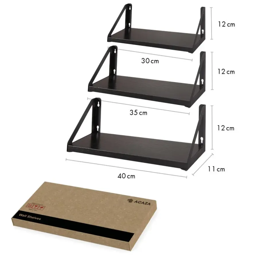 Merkloos Set van 3 Wandplanken, Zwevende Boeken Planken, 30, 35 en 40 cm lang, Zwart